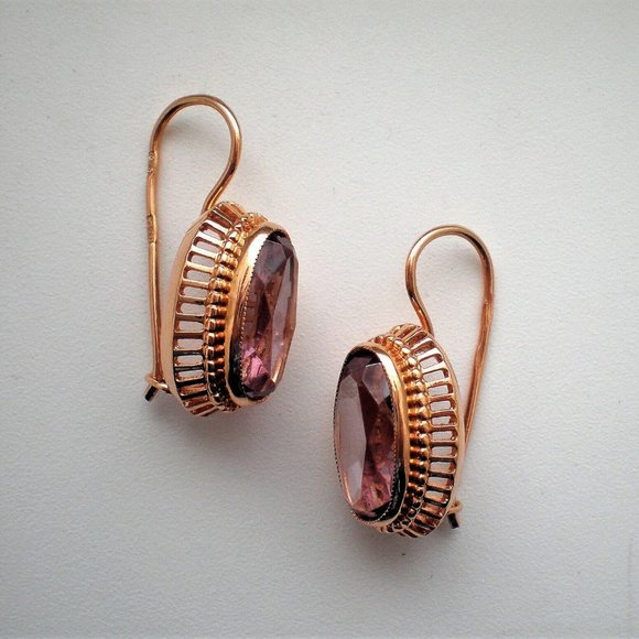 Vintage Russian USSR 14K 583 Rose Pink Gold Alexandrite Filigree Dangle EARRINGS - Picture 3 of 8